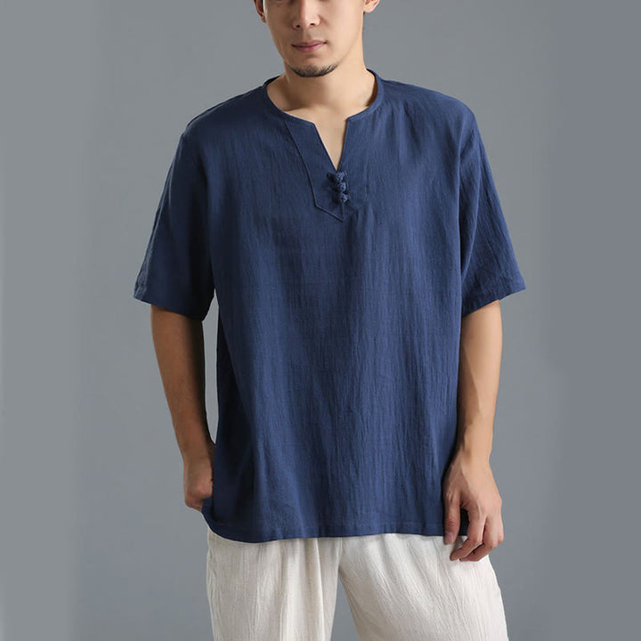 Buddha Stones Men's Solid Color V-Neck Button Short Sleeve Cotton Linen Shirt - image 10