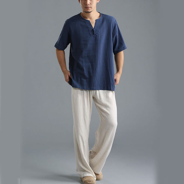 Buddha Stones Men's Solid Color V-Neck Button Short Sleeve Cotton Linen Shirt - image 11