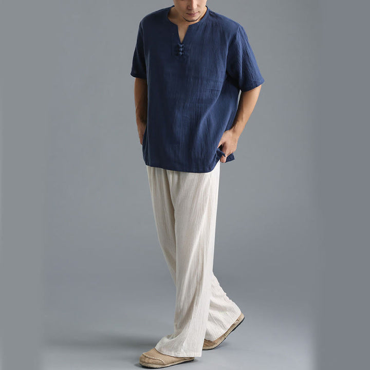 Buddha Stones Men's Solid Color V-Neck Button Short Sleeve Cotton Linen Shirt - image 14