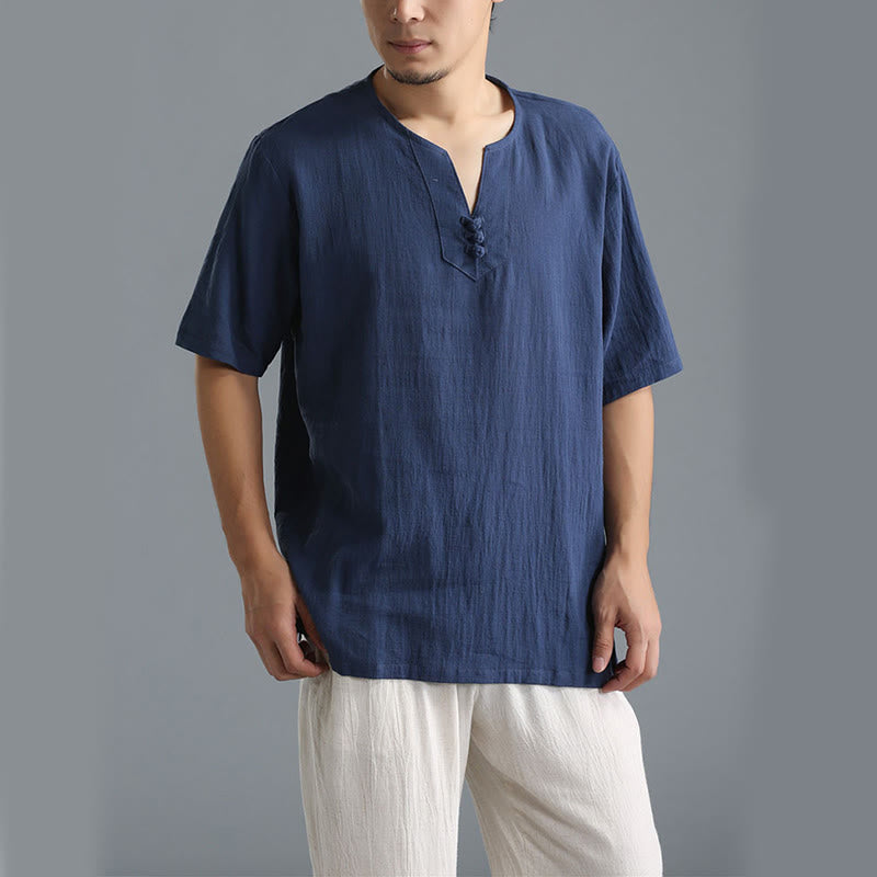 Buddha Stones Men's Solid Color V-Neck Button Short Sleeve Cotton Linen Shirt - SteelBlue - US/UK/AU40，EU50 (XL) - image 9