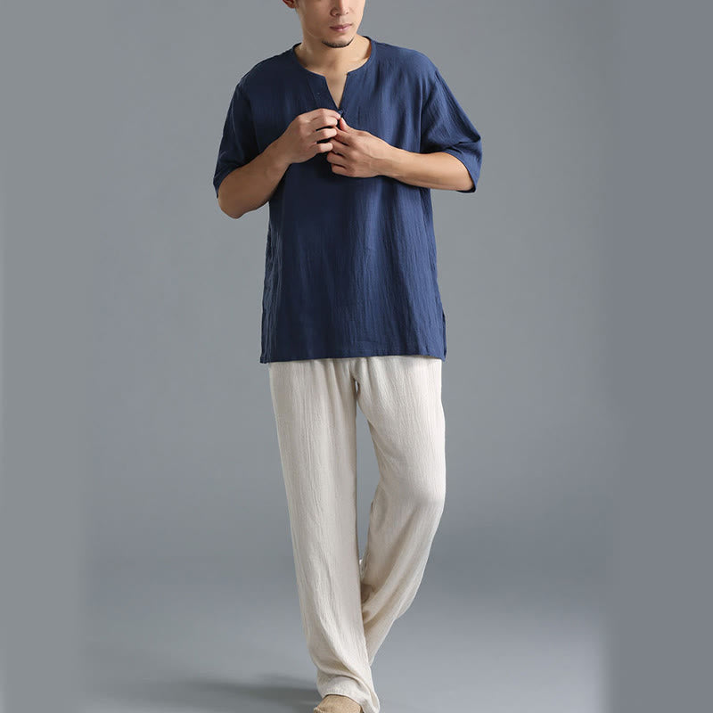 Buddha Stones Men's Solid Color V-Neck Button Short Sleeve Cotton Linen Shirt - image 12