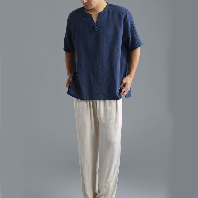 Buddha Stones Men's Solid Color V-Neck Button Short Sleeve Cotton Linen Shirt - image 13