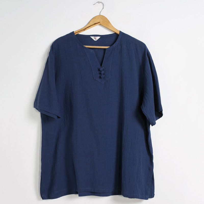 Buddha Stones Men's Solid Color V-Neck Button Short Sleeve Cotton Linen Shirt - image 15