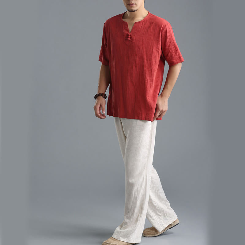 Buddha Stones Men's Solid Color V-Neck Button Short Sleeve Cotton Linen Shirt - image 19