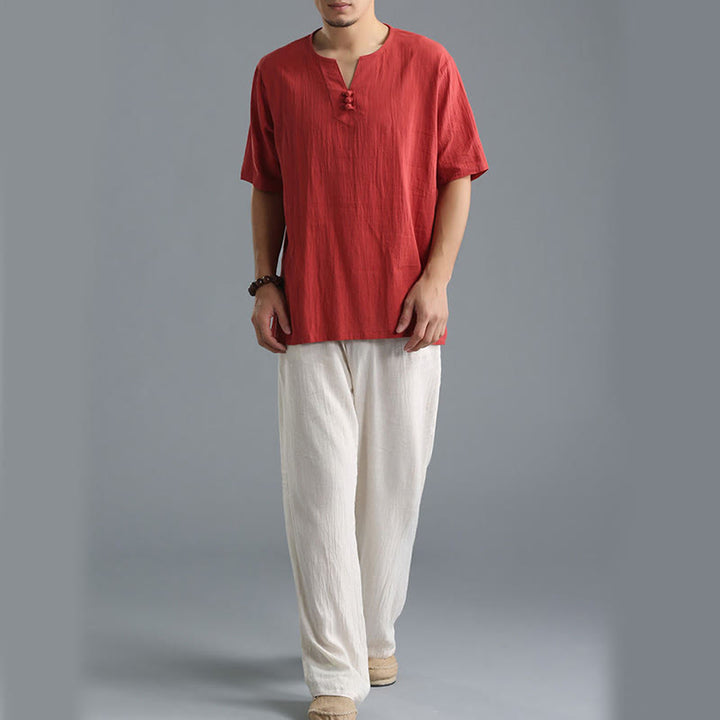 Buddha Stones Men's Solid Color V-Neck Button Short Sleeve Cotton Linen Shirt - image 18