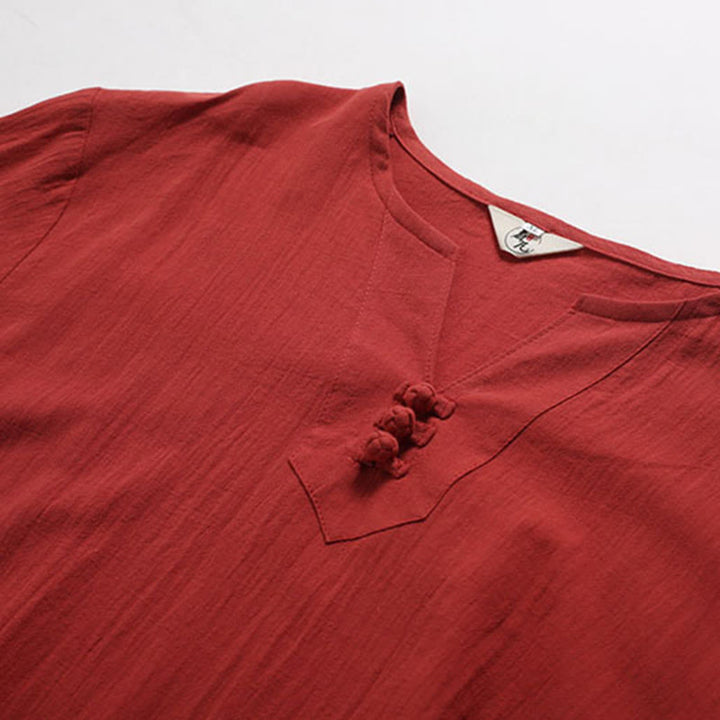 Buddha Stones Men's Solid Color V-Neck Button Short Sleeve Cotton Linen Shirt - image 21