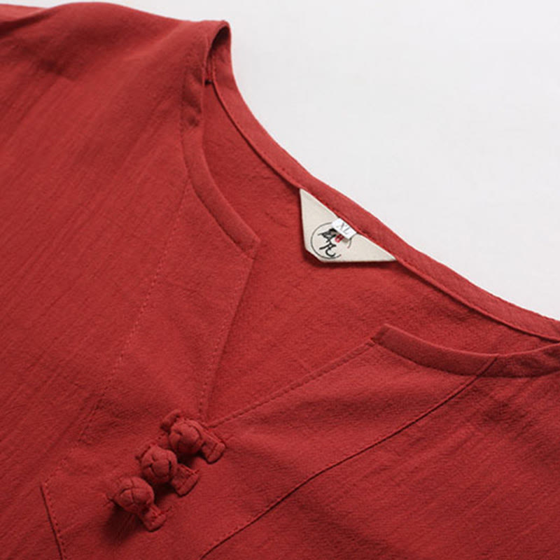 Buddha Stones Men's Solid Color V-Neck Button Short Sleeve Cotton Linen Shirt - image 22