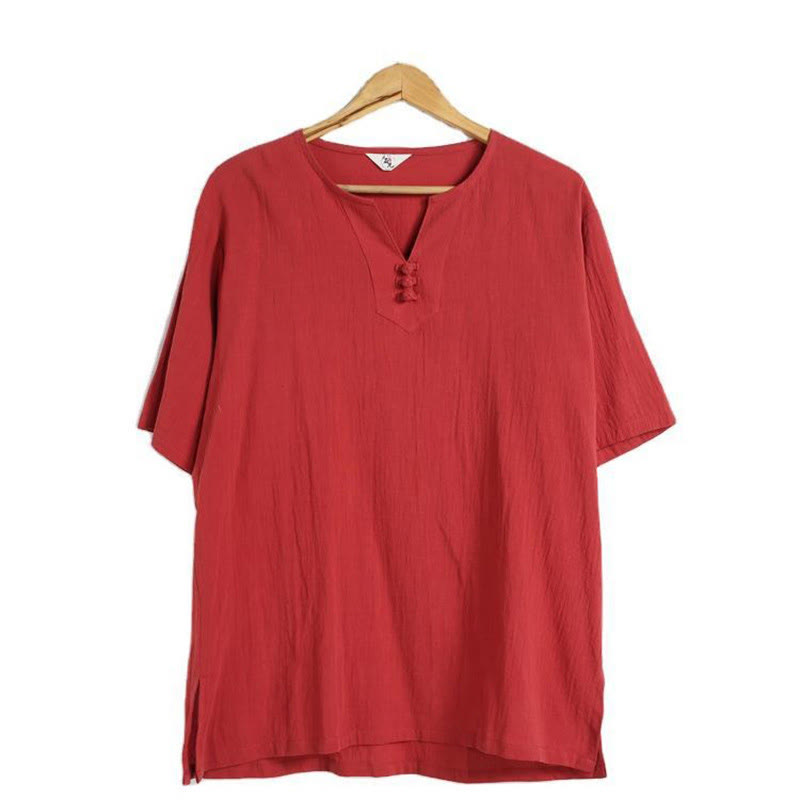 Buddha Stones Men's Solid Color V-Neck Button Short Sleeve Cotton Linen Shirt - image 26