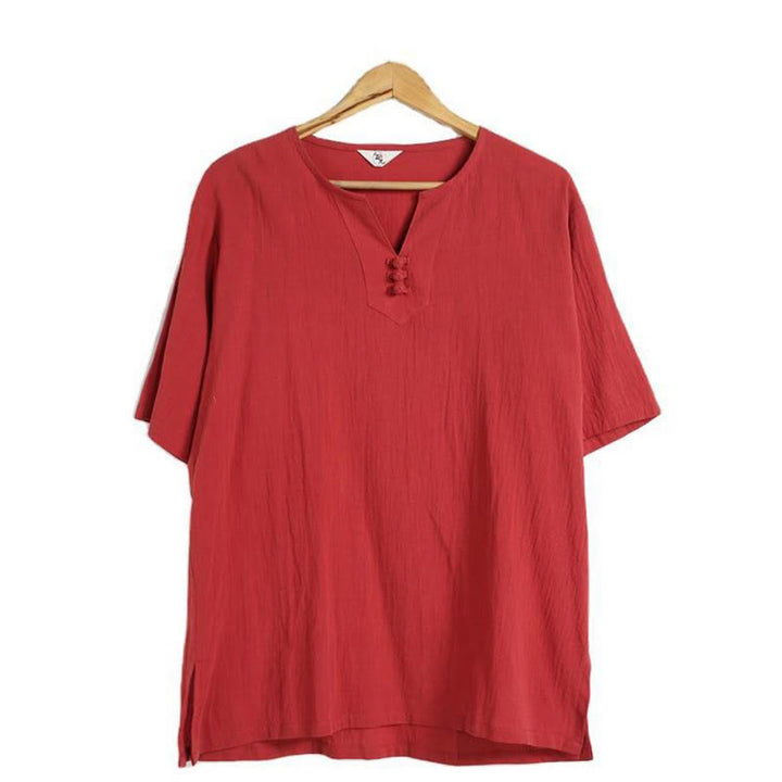 Buddha Stones Men's Solid Color V-Neck Button Short Sleeve Cotton Linen Shirt - image 26