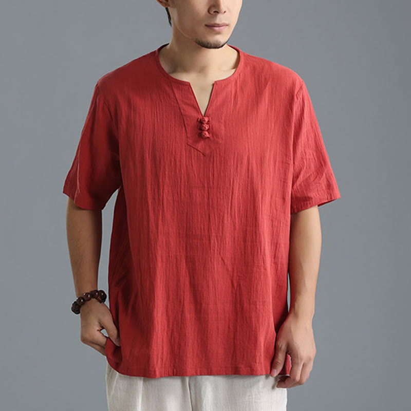 Buddha Stones Men's Solid Color V-Neck Button Short Sleeve Cotton Linen Shirt - OrangeRed - US/UK/AU40，EU50 (XL) - image 16
