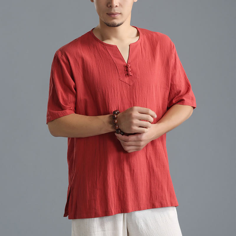 Buddha Stones Men's Solid Color V-Neck Button Short Sleeve Cotton Linen Shirt - image 17