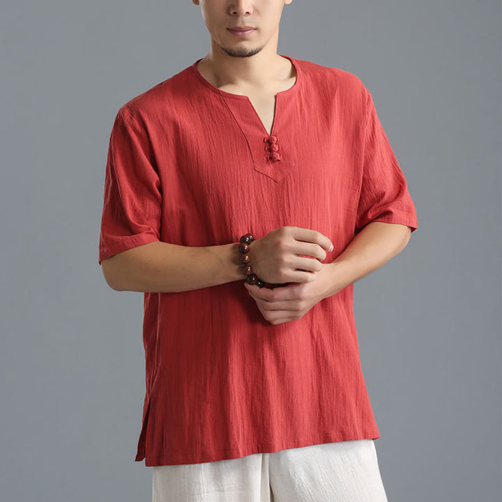Buddha Stones Men's Solid Color V-Neck Button Short Sleeve Cotton Linen Shirt - image 17