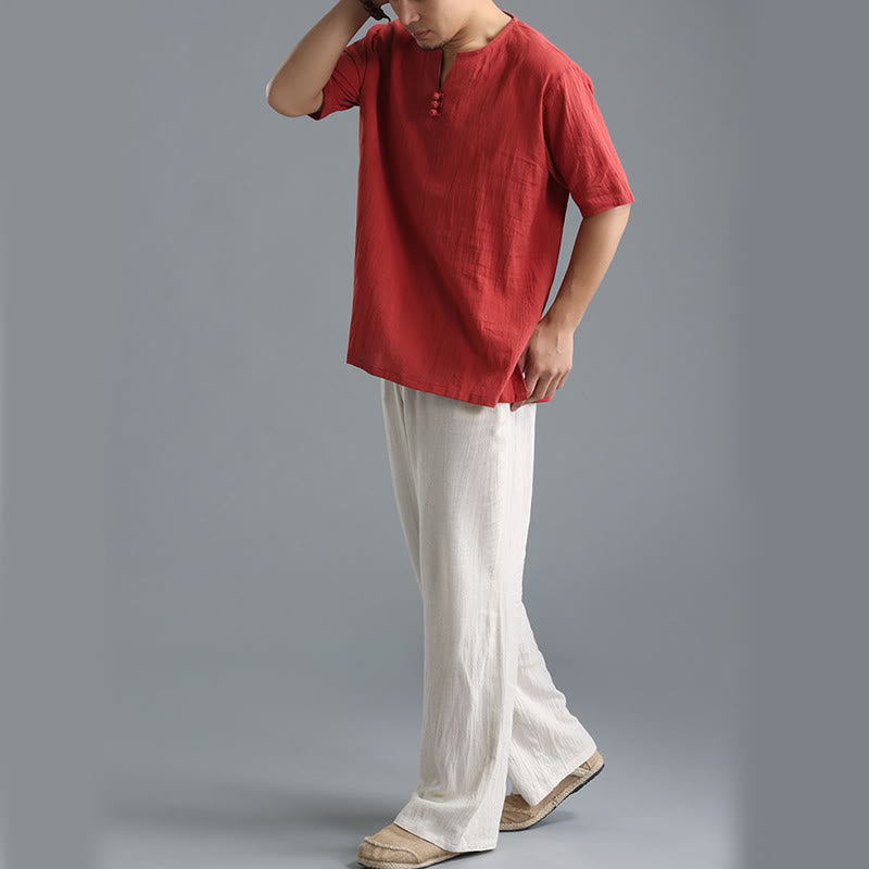 Buddha Stones Men's Solid Color V-Neck Button Short Sleeve Cotton Linen Shirt - image 20
