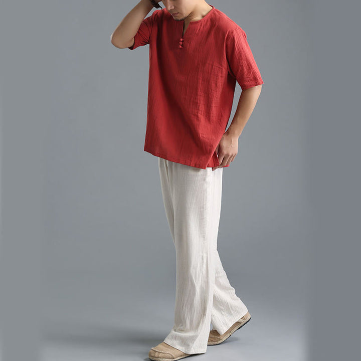 Buddha Stones Men's Solid Color V-Neck Button Short Sleeve Cotton Linen Shirt - image 20