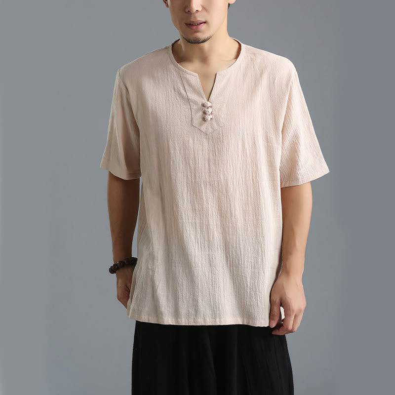 Buddha Stones Men's Solid Color V-Neck Button Short Sleeve Cotton Linen Shirt - Bisque - US/UK/AU40，EU50 (XL) - image 27