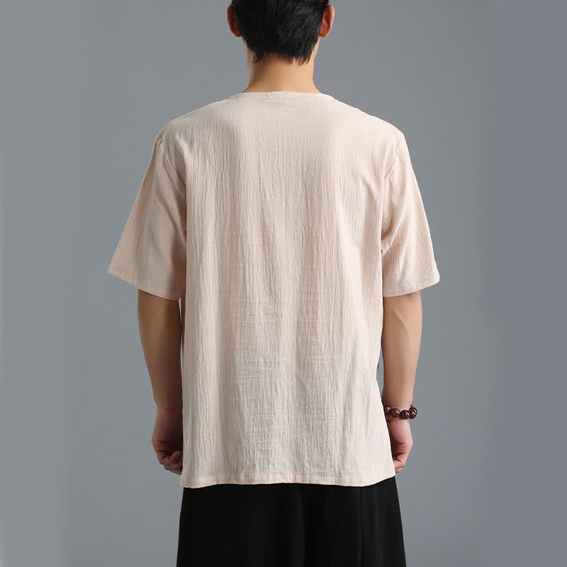 Buddha Stones Men's Solid Color V-Neck Button Short Sleeve Cotton Linen Shirt - image 29