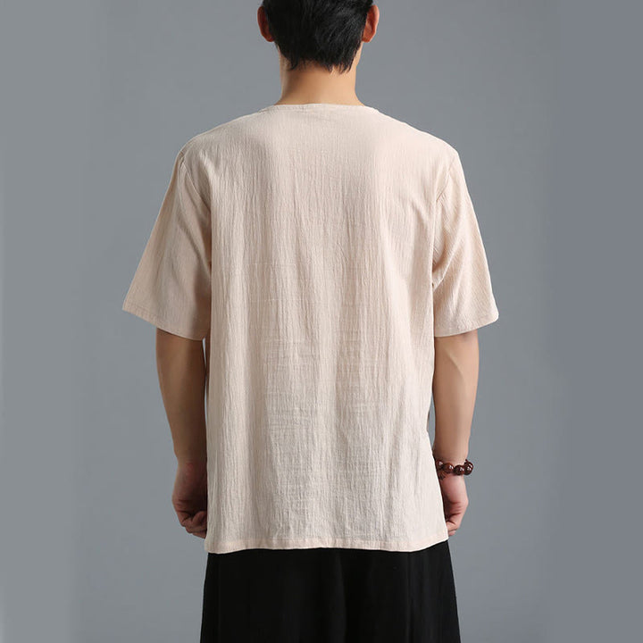 Buddha Stones Men's Solid Color V-Neck Button Short Sleeve Cotton Linen Shirt - image 29
