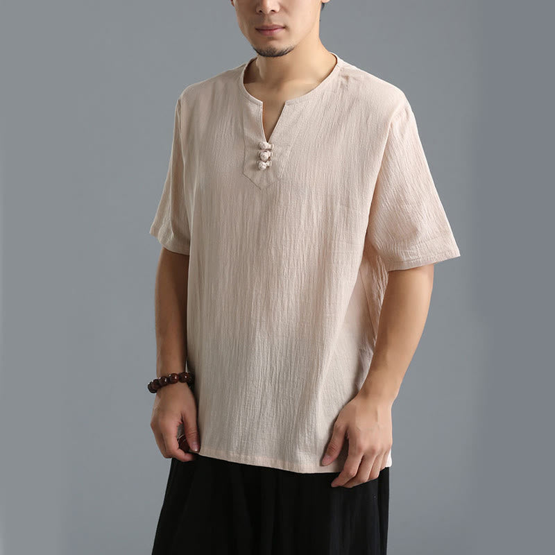 Buddha Stones Men's Solid Color V-Neck Button Short Sleeve Cotton Linen Shirt - image 31