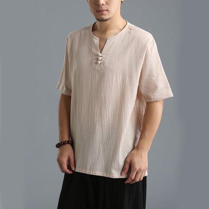 Buddha Stones Men's Solid Color V-Neck Button Short Sleeve Cotton Linen Shirt - image 31