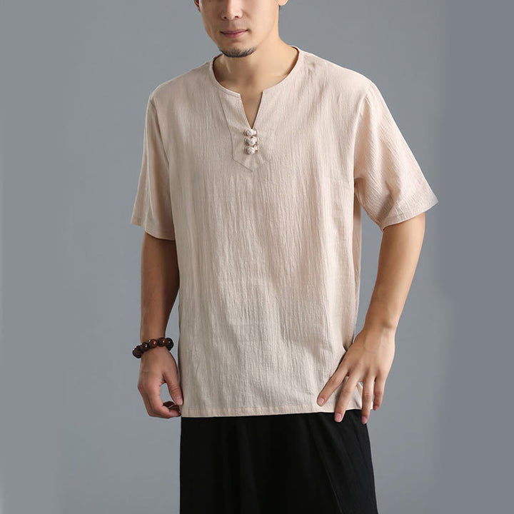 Buddha Stones Men's Solid Color V-Neck Button Short Sleeve Cotton Linen Shirt - image 28