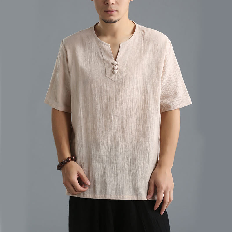 Buddha Stones Men's Solid Color V-Neck Button Short Sleeve Cotton Linen Shirt - image 32