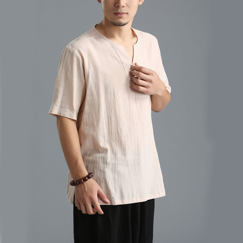 Buddha Stones Men's Solid Color V-Neck Button Short Sleeve Cotton Linen Shirt - image 30
