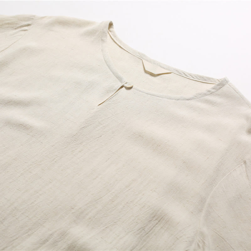 Buddha Stones Men's Solid Color Round Neck Short Sleeve Cotton Linen Shirt - image 18