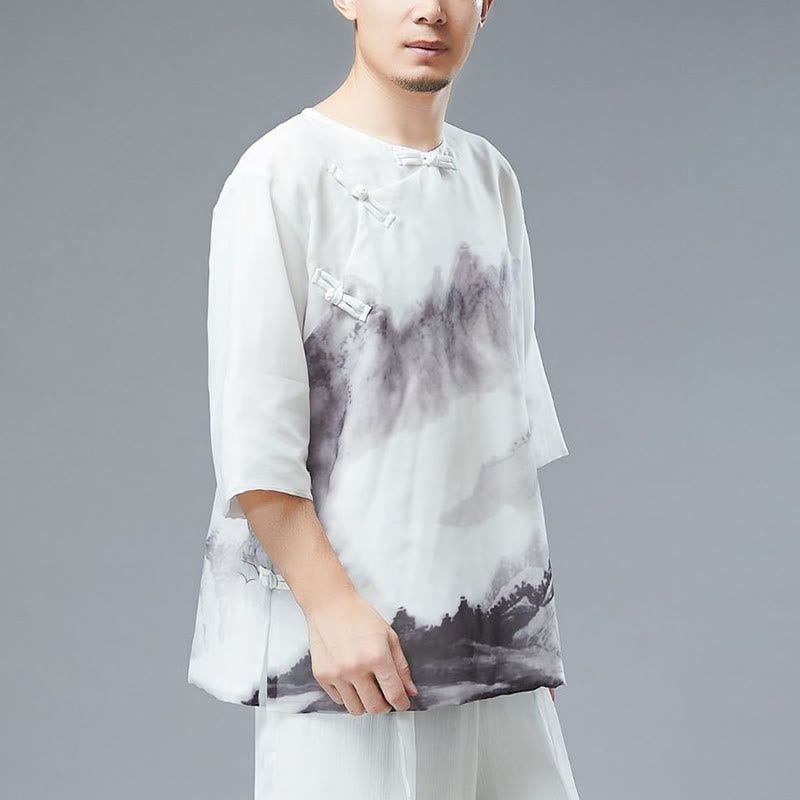 Buddha Stones Men's Frog-Button Mountain Landscape Ink Painting Half Sleeve Shirt - image 3