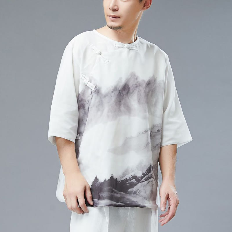 Buddha Stones Men's Frog-Button Mountain Landscape Ink Painting Half Sleeve Shirt - image 4