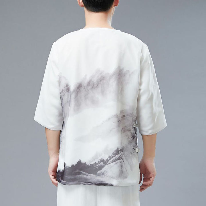 Buddha Stones Men's Frog-Button Mountain Landscape Ink Painting Half Sleeve Shirt - image 2