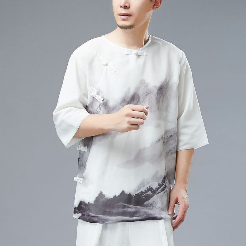 Buddha Stones Men's Frog-Button Mountain Landscape Ink Painting Half Sleeve Shirt - image 5