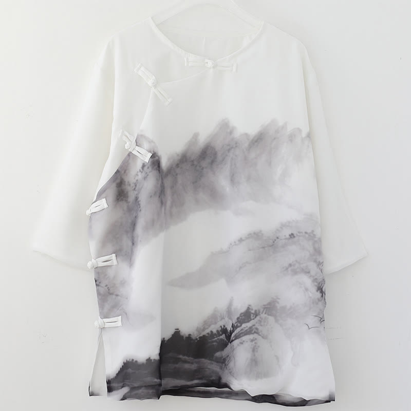 Buddha Stones Men's Frog-Button Mountain Landscape Ink Painting Half Sleeve Shirt - image 7