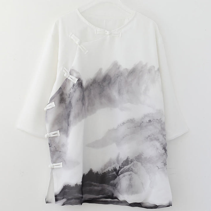 Buddha Stones Men's Frog-Button Mountain Landscape Ink Painting Half Sleeve Shirt - image 7