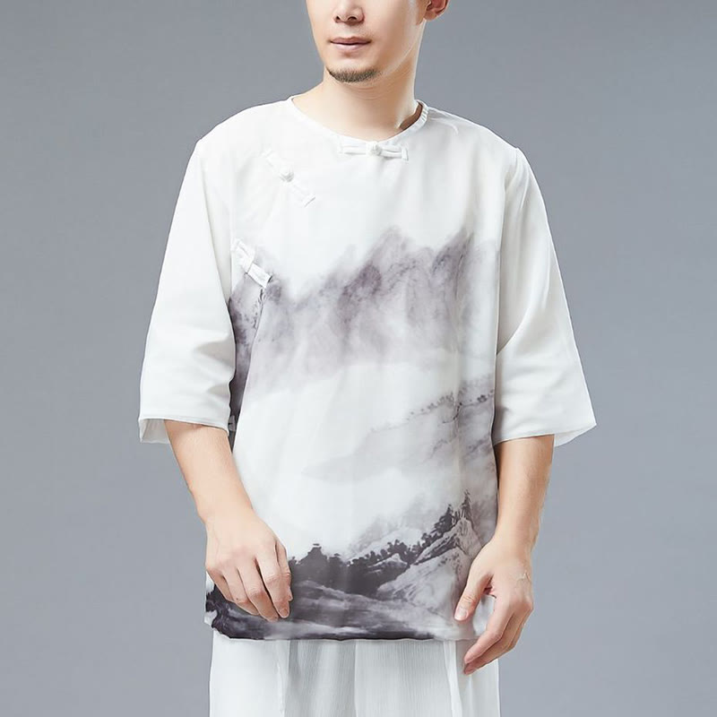 Buddha Stones Men's Frog-Button Mountain Landscape Ink Painting Half Sleeve Shirt - US/UK/AU38，EU48 (XL) - image 0