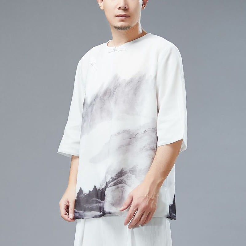 Buddha Stones Men's Frog-Button Mountain Landscape Ink Painting Half Sleeve Shirt - image 1