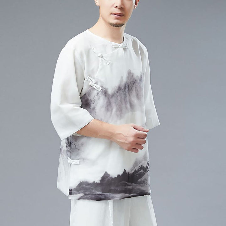 Buddha Stones Men's Frog-Button Mountain Landscape Ink Painting Half Sleeve Shirt - image 6