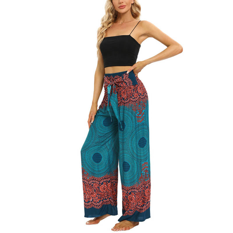 Buddha Stones Bohemian Compass Flower Print Lace-up Wide Leg Pants Women's Yoga Pants - image 5