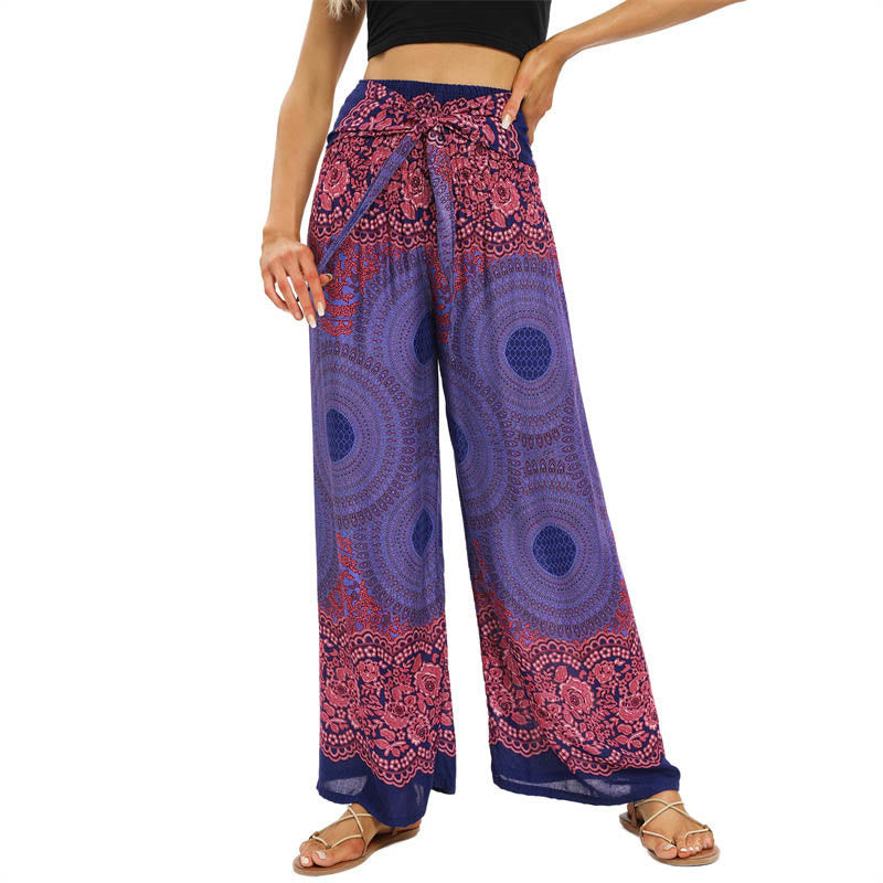 Buddha Stones Bohemian Compass Flower Print Lace-up Wide Leg Pants Women's Yoga Pants - image 8
