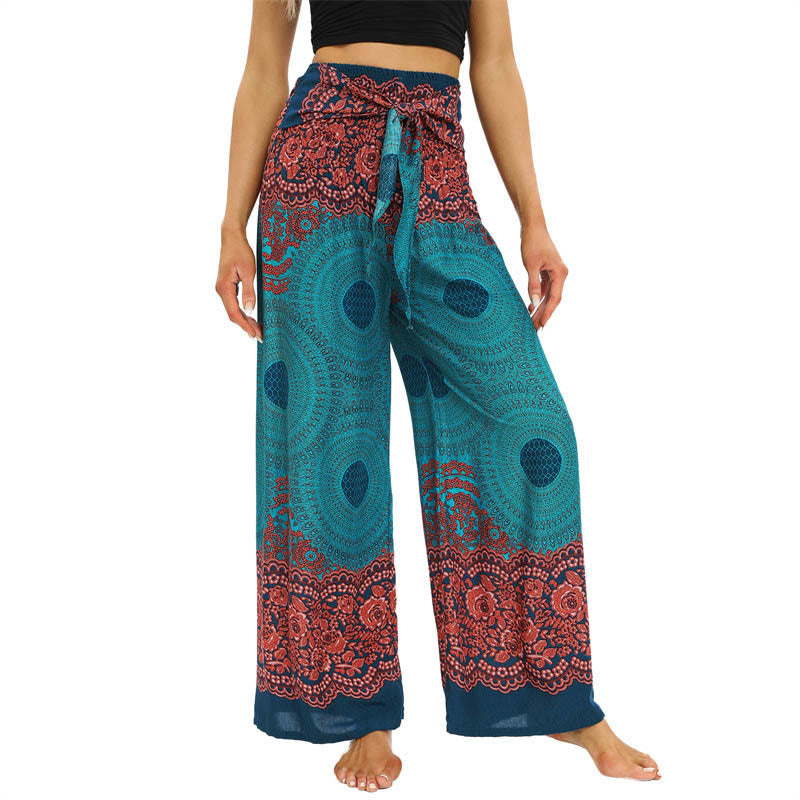 Buddha Stones Bohemian Compass Flower Print Lace-up Wide Leg Pants Women's Yoga Pants - MediumAquamarine - US2-12，UK/AU6-16，EU34-44 (F) - image 1