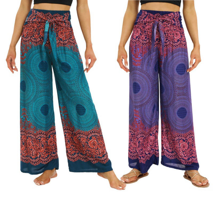 Buddha Stones Bohemian Compass Flower Print Lace-up Wide Leg Pants Women's Yoga Pants - image 0