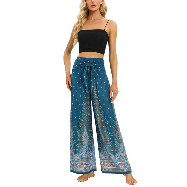 Buddha Stones Boho Peacock Feathers Lace-up Wide Leg Pants Women's Yoga Pants - image 15