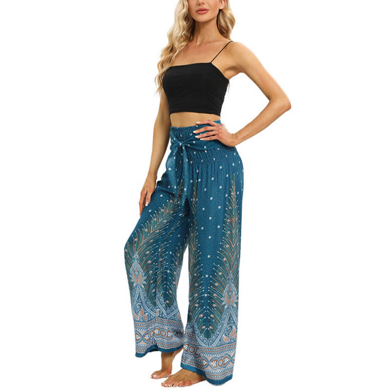 Buddha Stones Boho Peacock Feathers Lace-up Wide Leg Pants Women's Yoga Pants - image 14