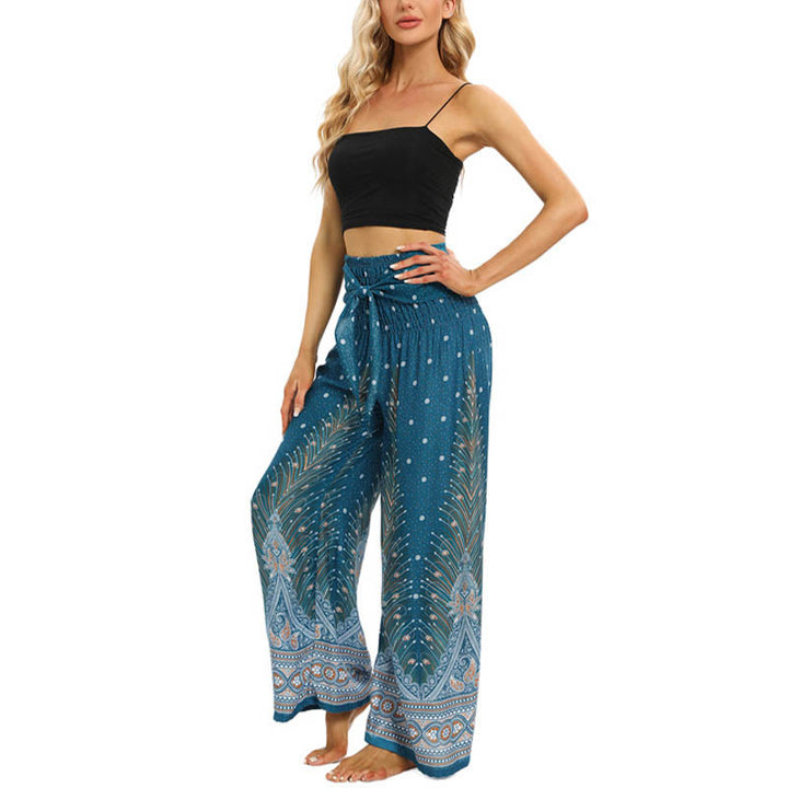 Buddha Stones Boho Peacock Feathers Lace-up Wide Leg Pants Women's Yoga Pants - image 14