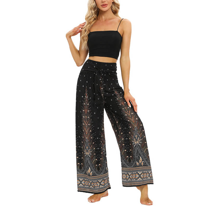 Buddha Stones Boho Peacock Feathers Lace-up Wide Leg Pants Women's Yoga Pants - image 6
