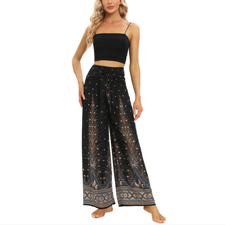 Buddha Stones Boho Peacock Feathers Lace-up Wide Leg Pants Women's Yoga Pants - image 8