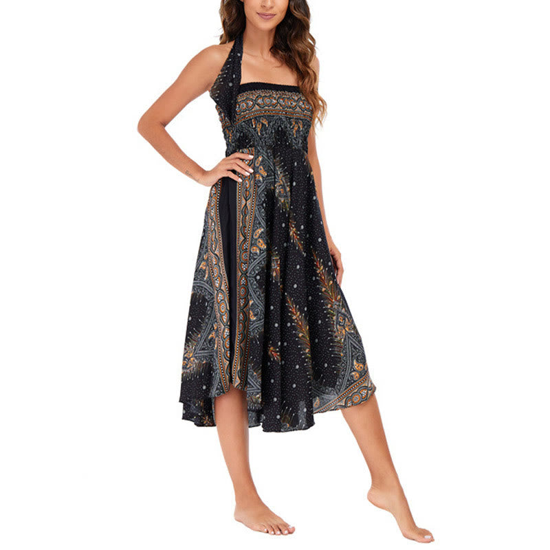 Buddha Stones Two Style Wear Boho Summer Peacock Feather Lace-up Skirt Dress - image 13