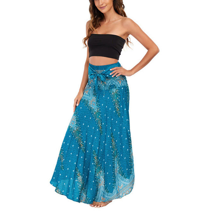 Buddha Stones Two Style Wear Boho Summer Peacock Feather Lace-up Skirt Dress - image 3