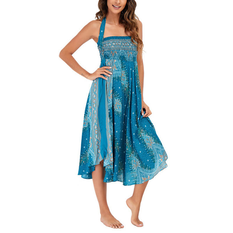 Buddha Stones Two Style Wear Boho Summer Peacock Feather Lace-up Skirt Dress - image 6