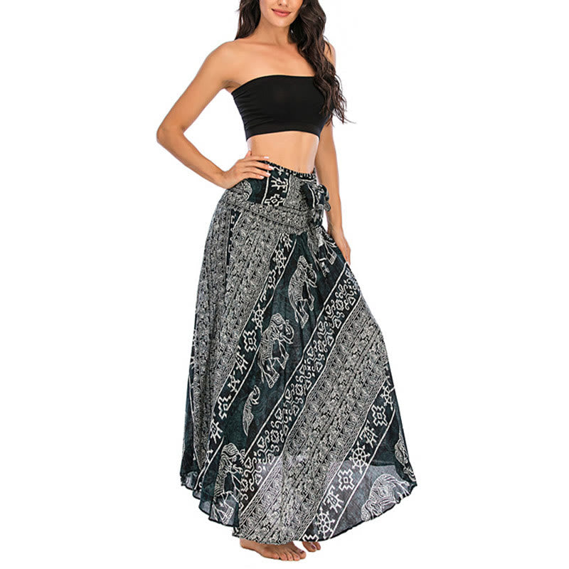 Buddha Stones Two Style Wear Boho Elephant Geometry Lace-up Skirt Dress - image 3