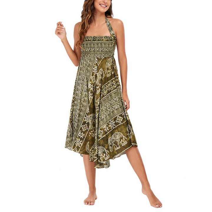 Buddha Stones Two Style Wear Boho Elephant Geometry Lace-up Skirt Dress - image 34